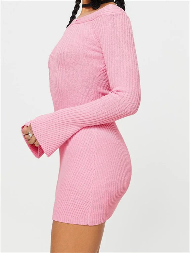 Knitted Ribbed Off Shoulder Long Sleeve Mini Dresses