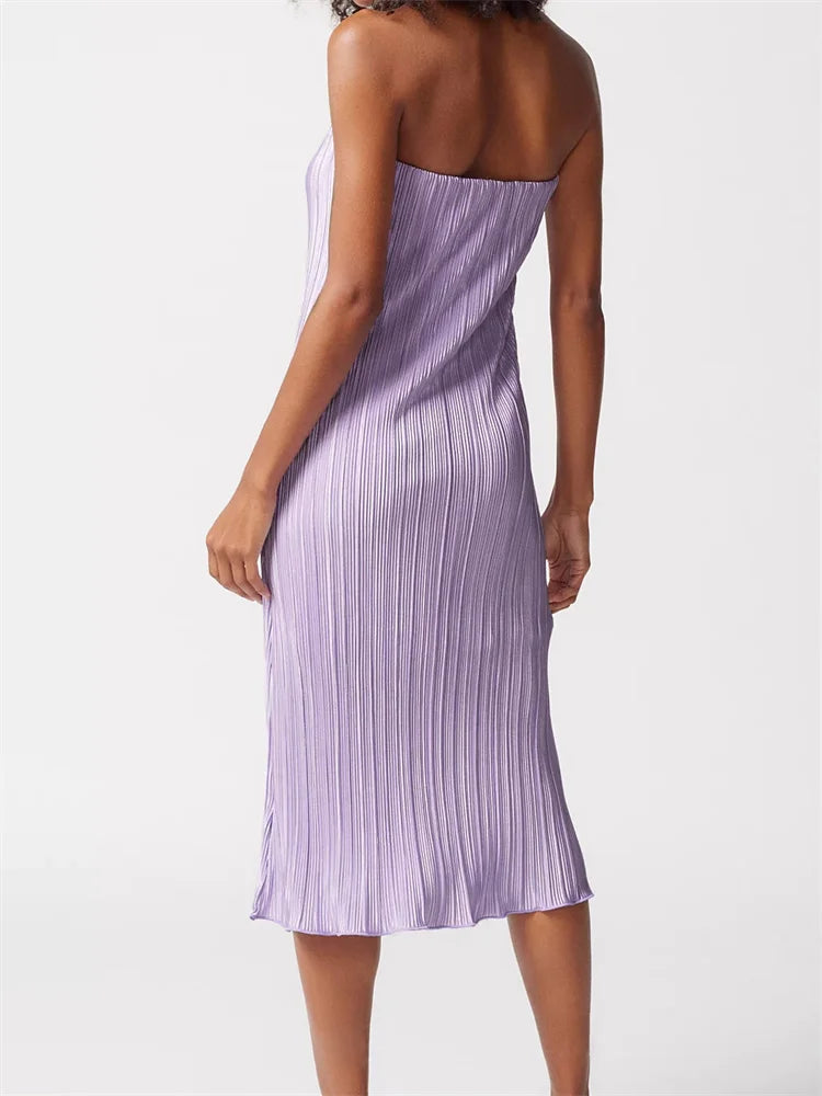 Ruched Laidback Tube Strapless Off Shoulder Solid Color Slim Fit Midi Dress