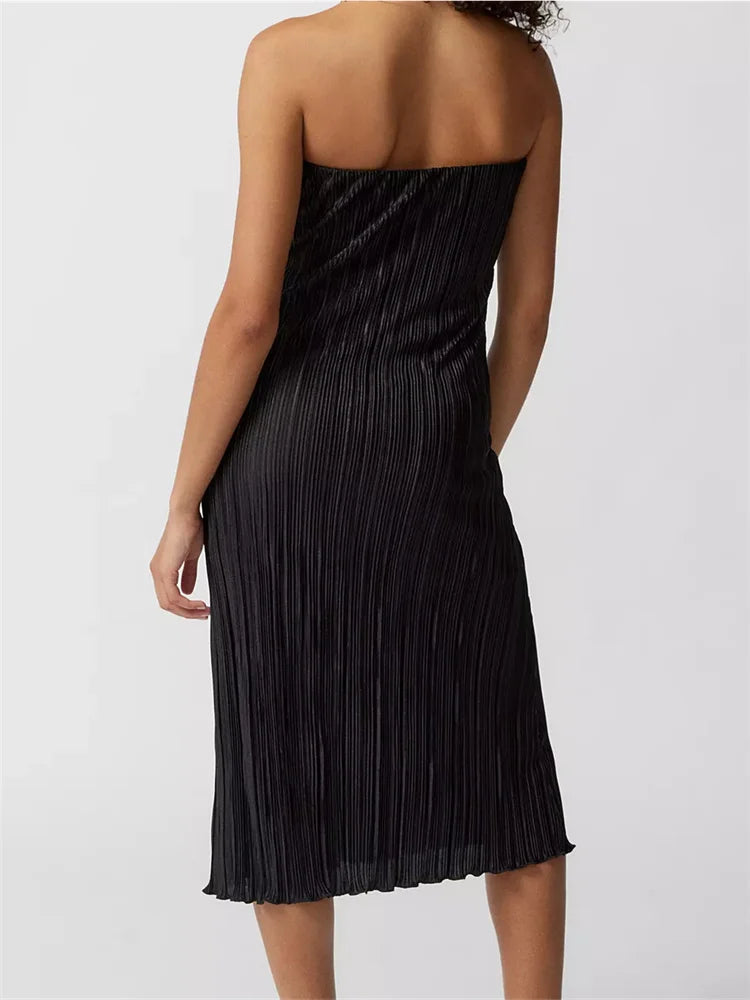 Ruched Laidback Tube Strapless Off Shoulder Solid Color Slim Fit Midi Dress