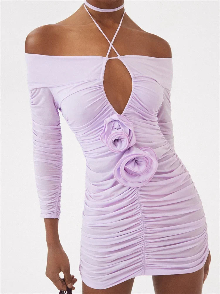Shoulder Off Long Sleeve TieUp Mini Dresses