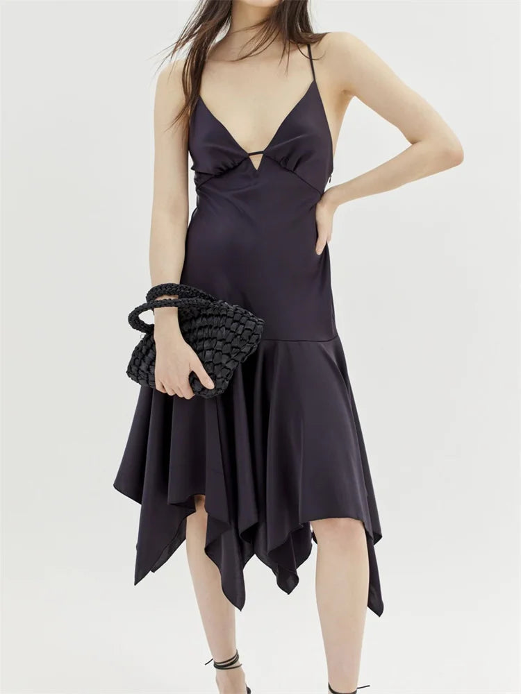 Deep Sleeveless VNeck Backless CrissCross Pleated Party Midi Dress
