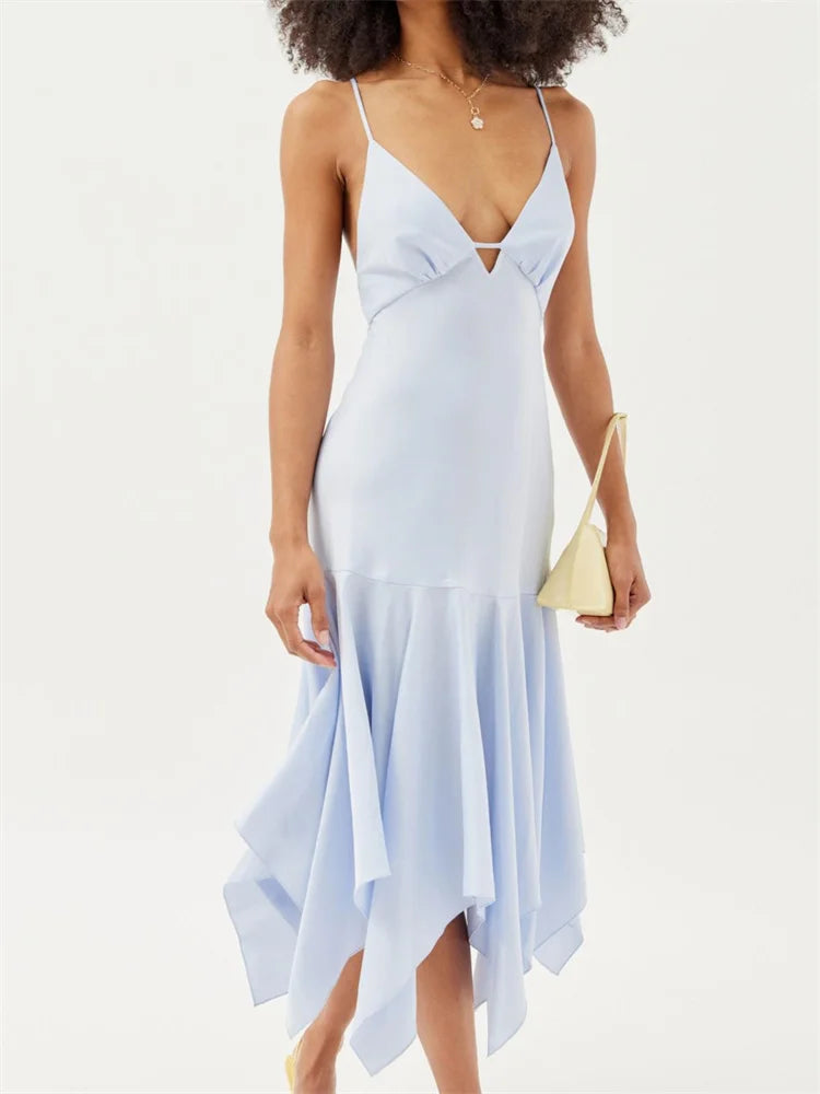 Deep Sleeveless VNeck Backless CrissCross Pleated Party Midi Dress