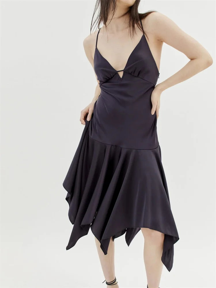 Deep Sleeveless VNeck Backless CrissCross Pleated Party Midi Dress