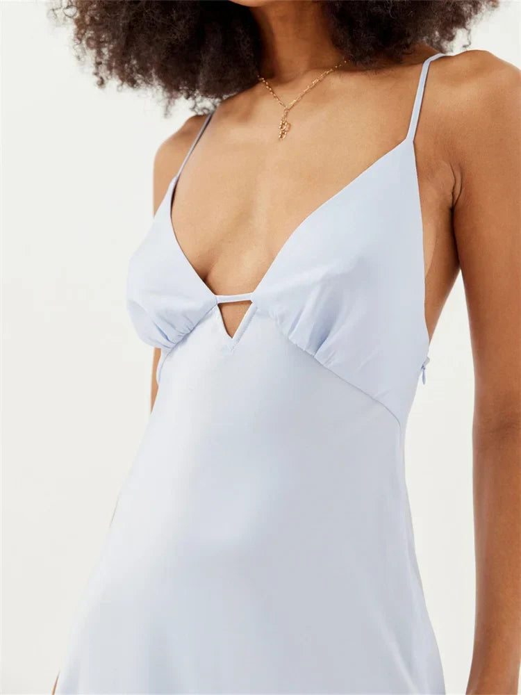 Deep Sleeveless VNeck Backless CrissCross Pleated Party Midi Dress