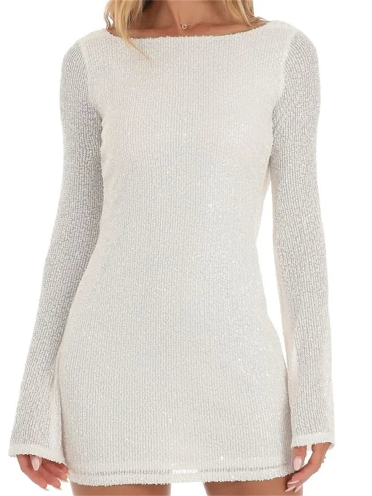 Sequined Sparkle Backless Ruched Mini Dress