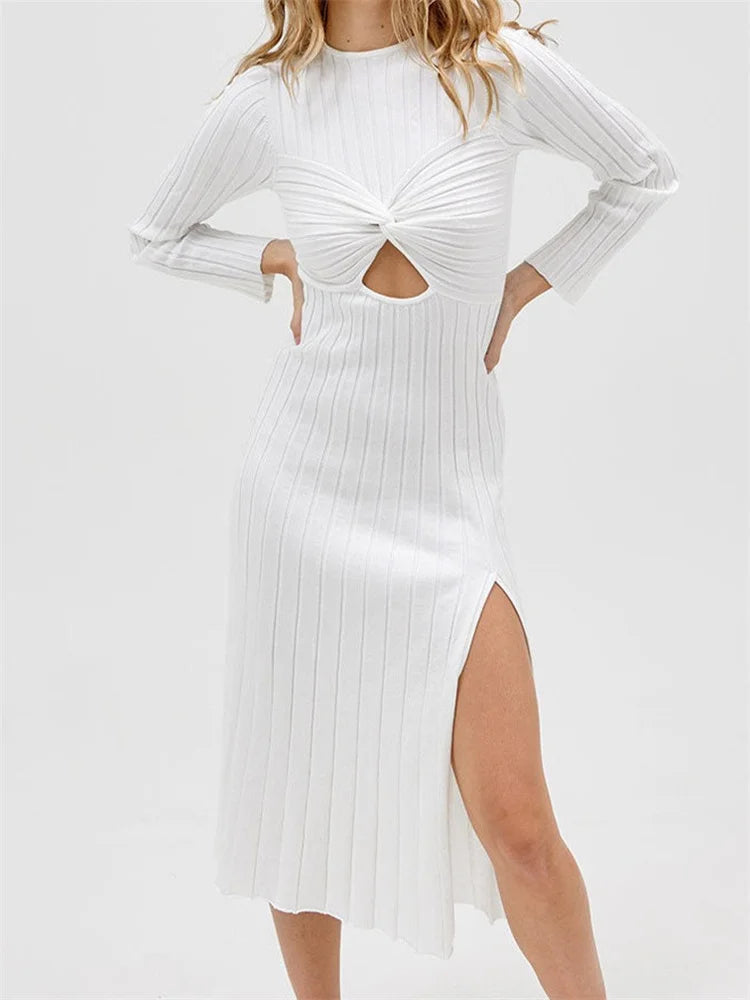 Autumn Spring Knitted Ribbed Long Sleeve Hollow Out Slim Midi Dress