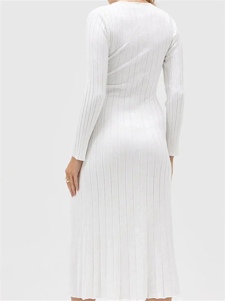 Autumn Spring Knitted Ribbed Long Sleeve Hollow Out Slim Midi Dress