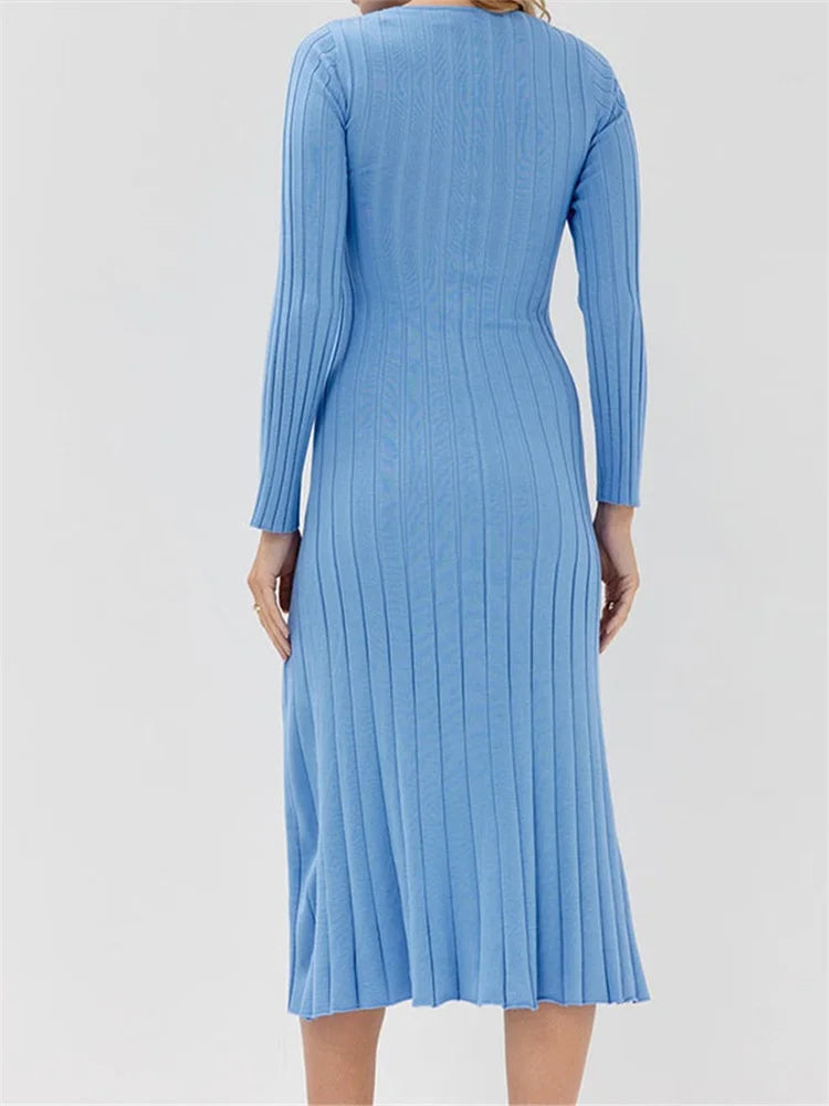 Autumn Spring Knitted Ribbed Long Sleeve Hollow Out Slim Midi Dress