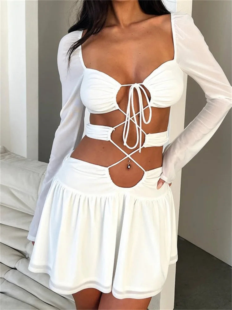 CrissCross Solid TieUp Long Sleeve Mini Dresses