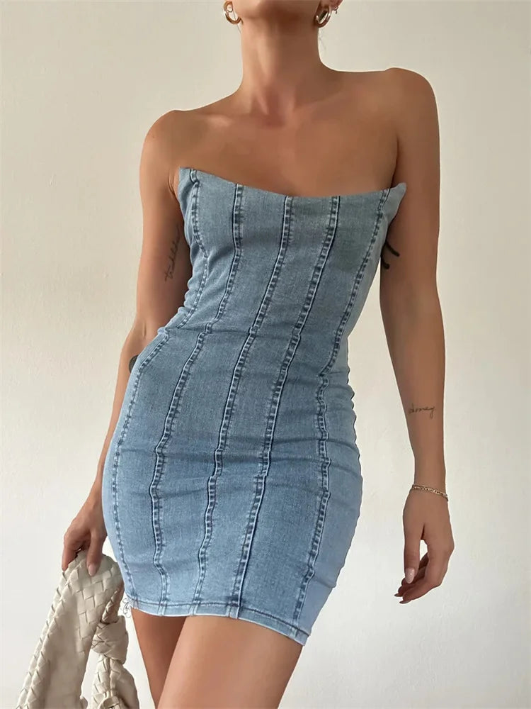Off Denim Shoulder Slim Pencil Mini Dresses