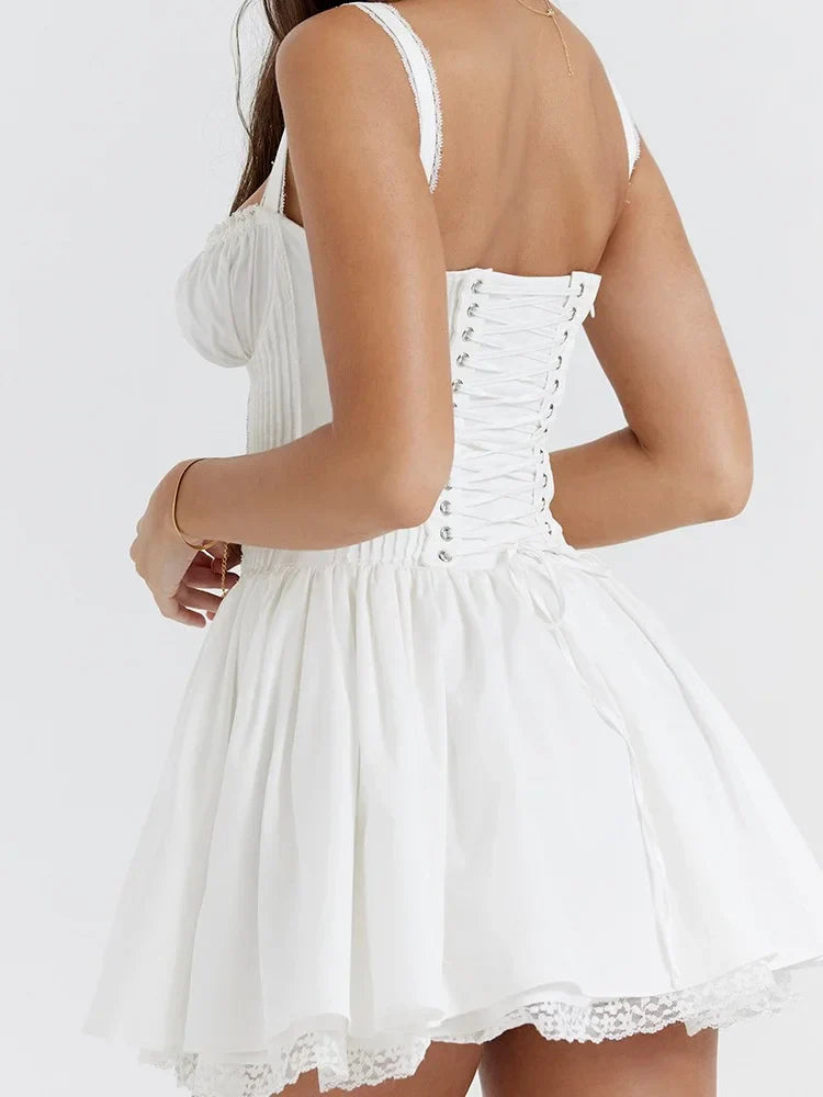Lace Botanical Square Neck Tieup Mini Dresses