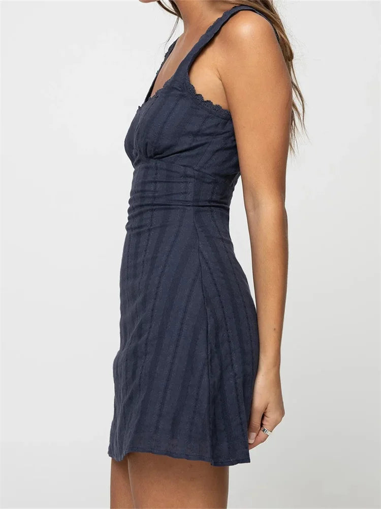 Trim Lace Aline Solid Color Square Neck Mini Dresses