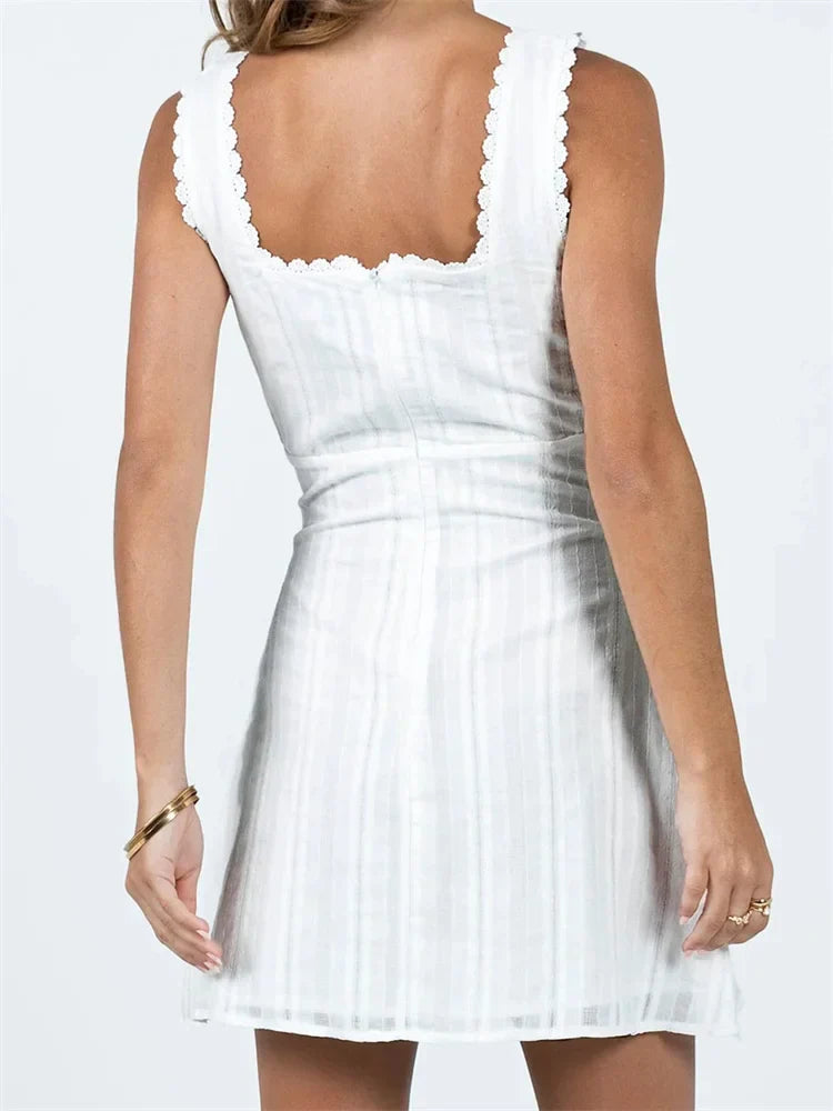 Trim Lace Aline Solid Color Square Neck Mini Dresses