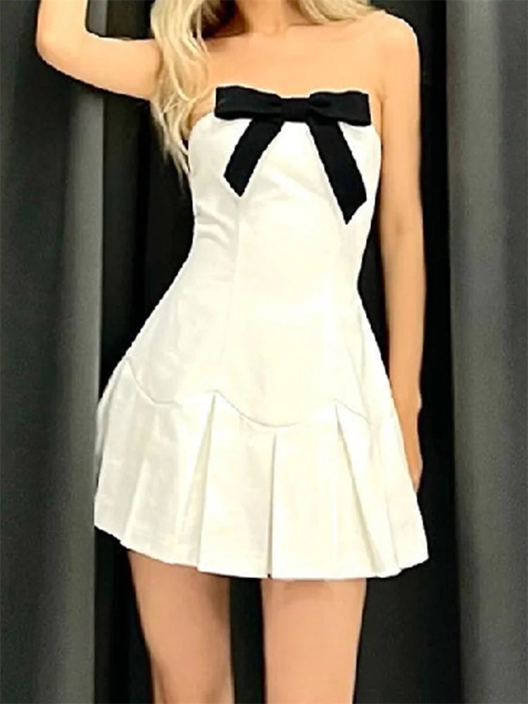 Patchwork Bowknot Strapless Off Shoulder Tube Mini Dresses