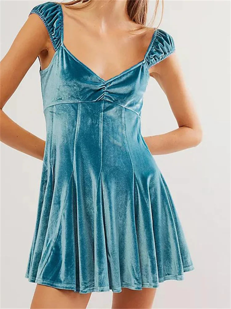 VNeck Velvet Sleeveless High Waist Mini Dresses