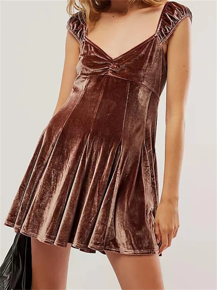 VNeck Velvet Sleeveless High Waist Mini Dresses
