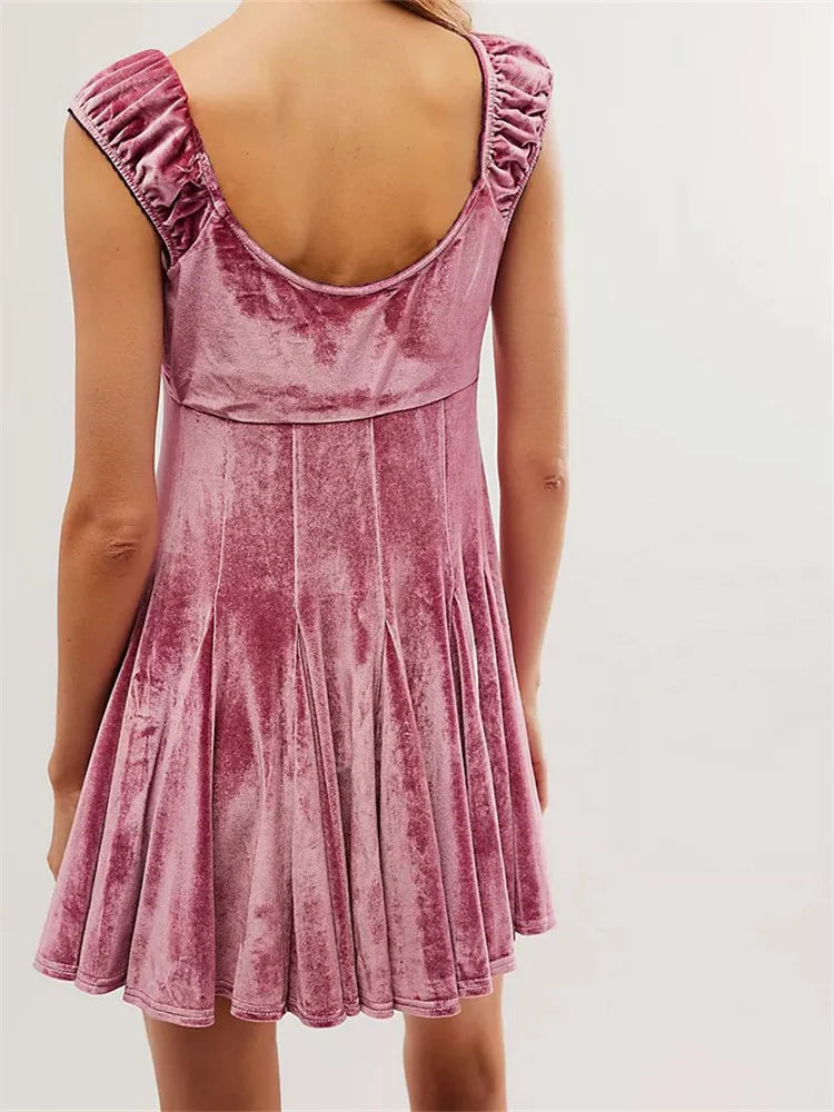 VNeck Velvet Sleeveless High Waist Mini Dresses