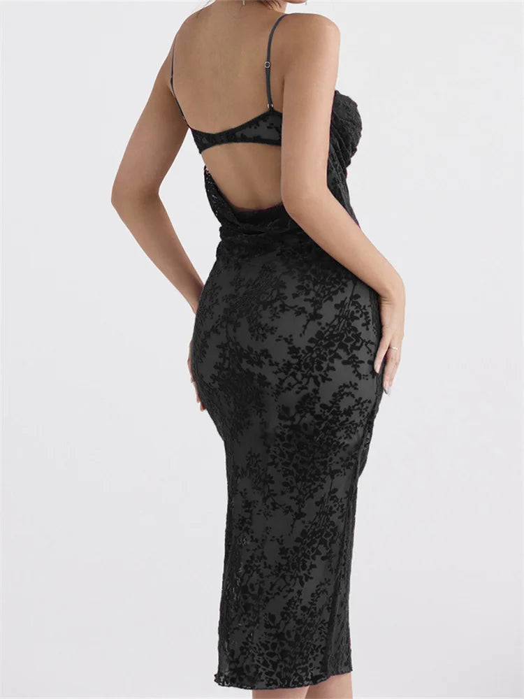 Retro Lace Sleeveless Strap Low Cut Backless Floral Print Midi Dress
