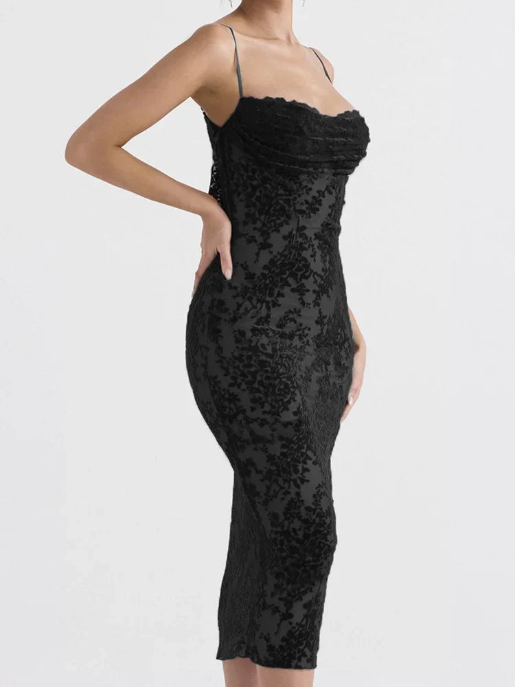 Retro Lace Sleeveless Strap Low Cut Backless Floral Print Midi Dress