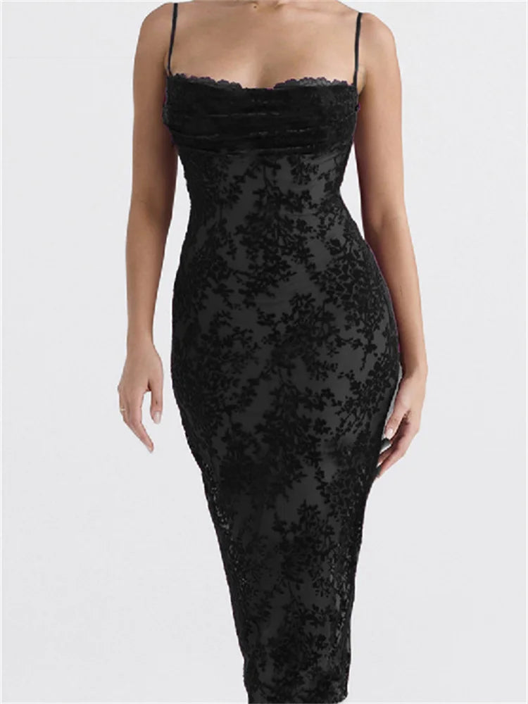 Retro Lace Sleeveless Strap Low Cut Backless Floral Print Midi Dress
