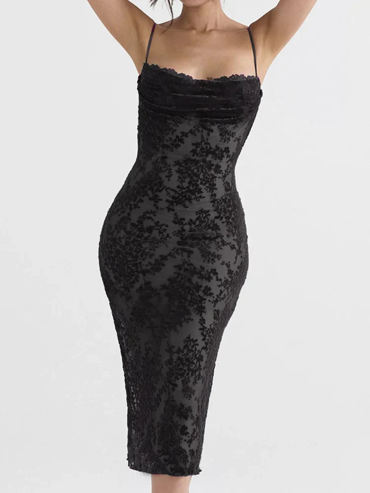 Retro Lace Sleeveless Strap Low Cut Backless Floral Print Midi Dress