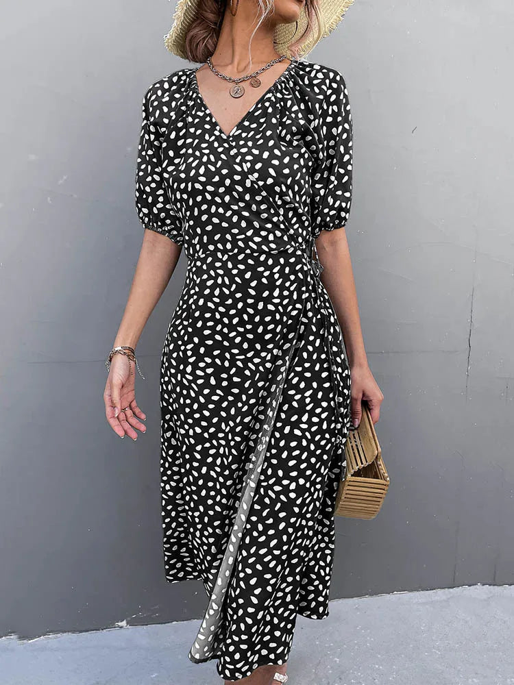 Easygoing Chiffon Side Wrap Polka Dot Puff Aline Split Midi Dresses