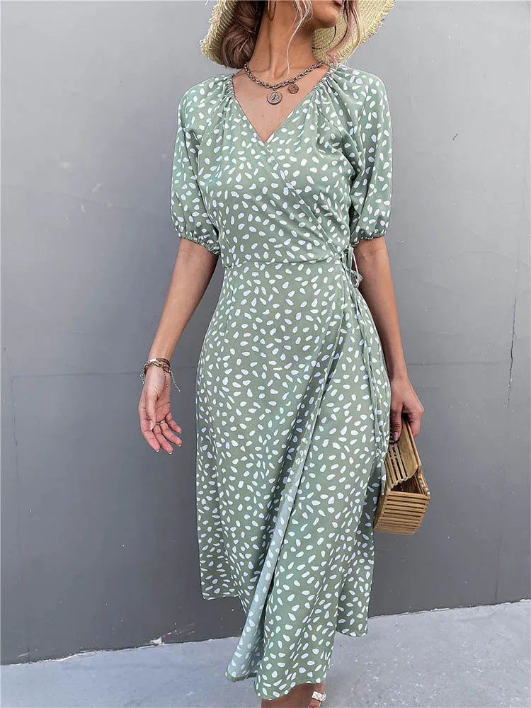 Easygoing Chiffon Side Wrap Polka Dot Puff Aline Split Midi Dresses
