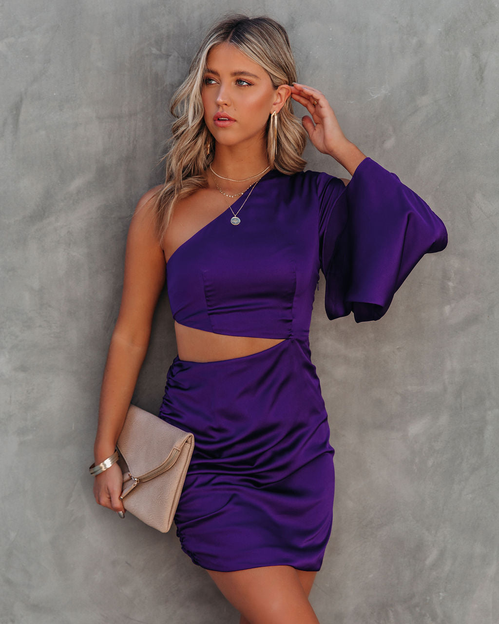 Satin Caydan One Shoulder Cutout Dress Plum FINAL