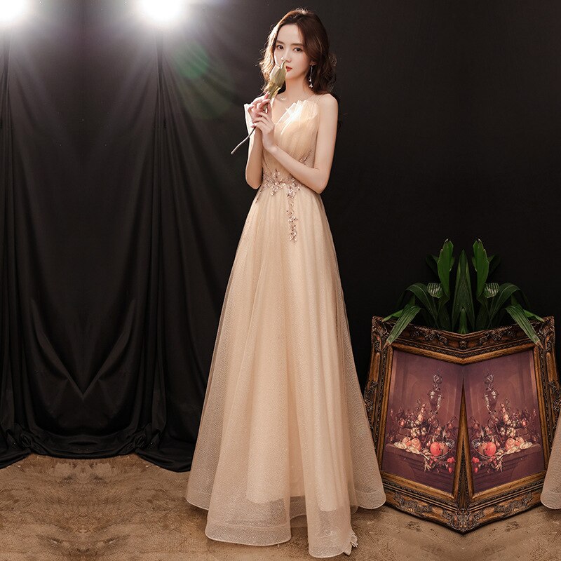 Kissnovaa - V-Neck Sleeveless Graceful Party Train Dress