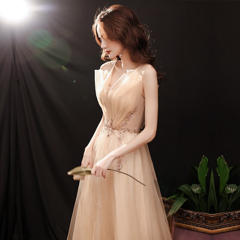 Kissnovaa - V-Neck Sleeveless Graceful Party Train Dress