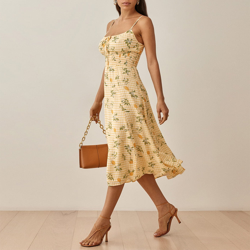 Women Summer Smocked Elastic Waist Tie Neck Sleeveless Spaghetti Strap Beach Dress