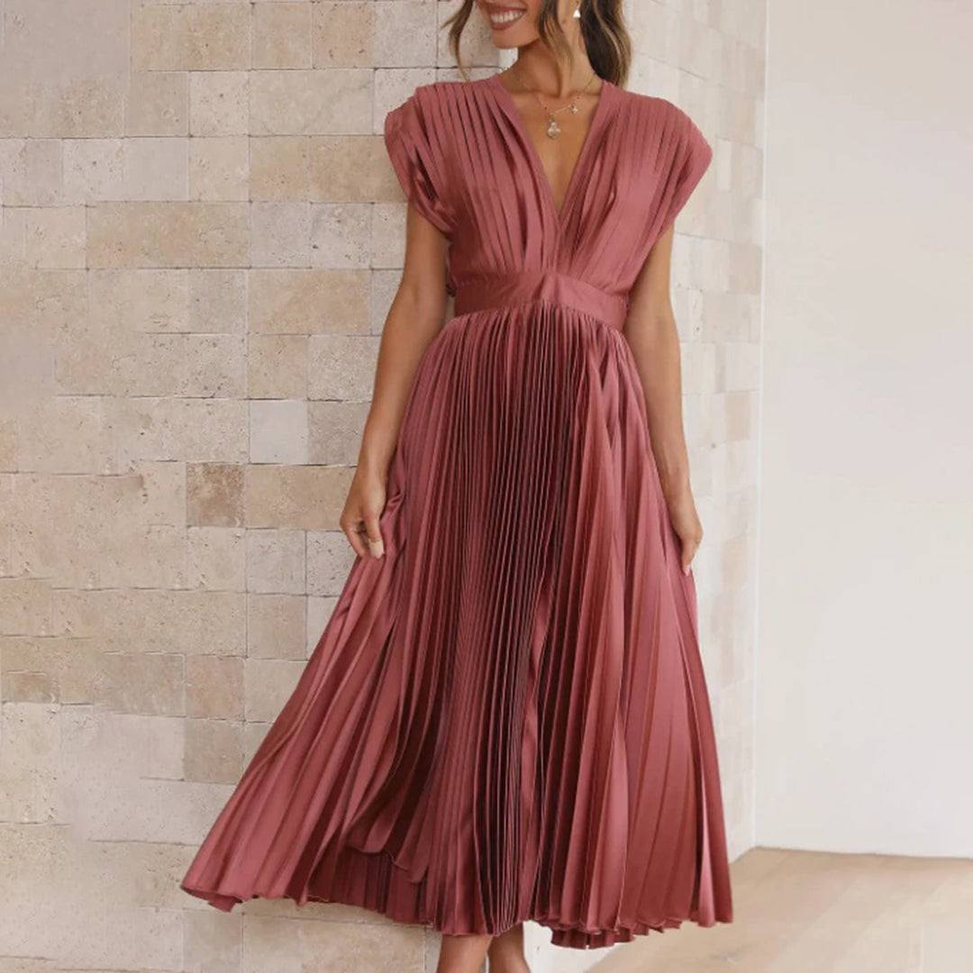 Mertxe Refined V-neck Pleated Maxi Dress for Women Sophisticated Look