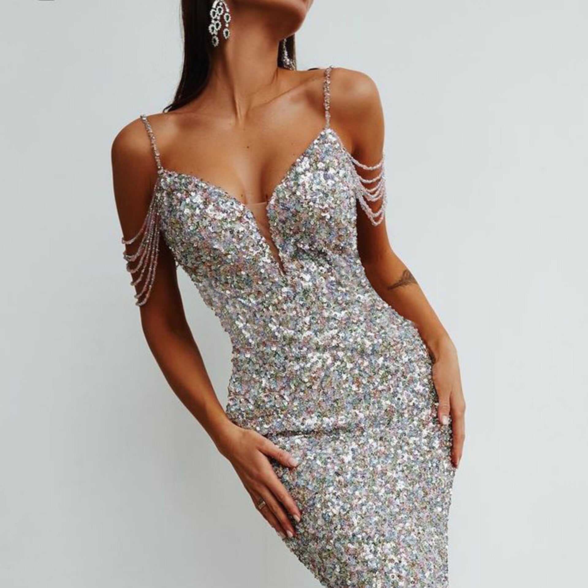 Kissnovaa - Women Sequin Crystal Spaghetti Strap Colorful Prom Dresses