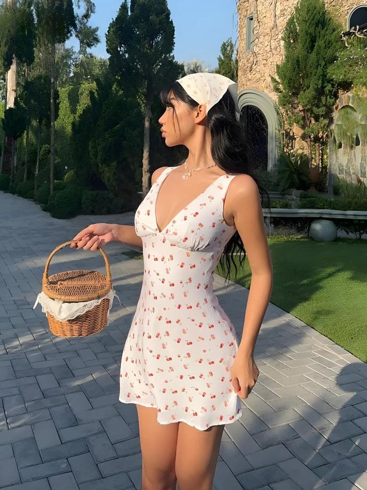 Cherry Coquette Plunge Neck Mini Dress