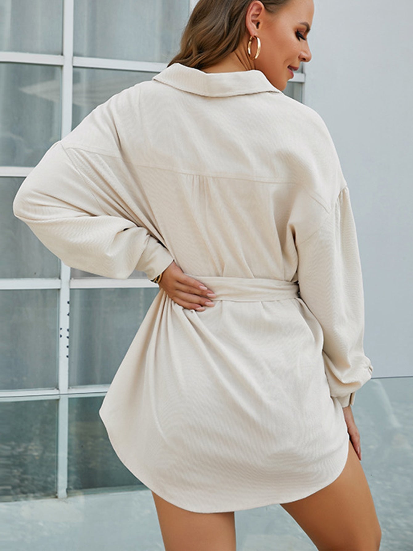 Front Cord Pockets Self Waist Tie Shirt Dress