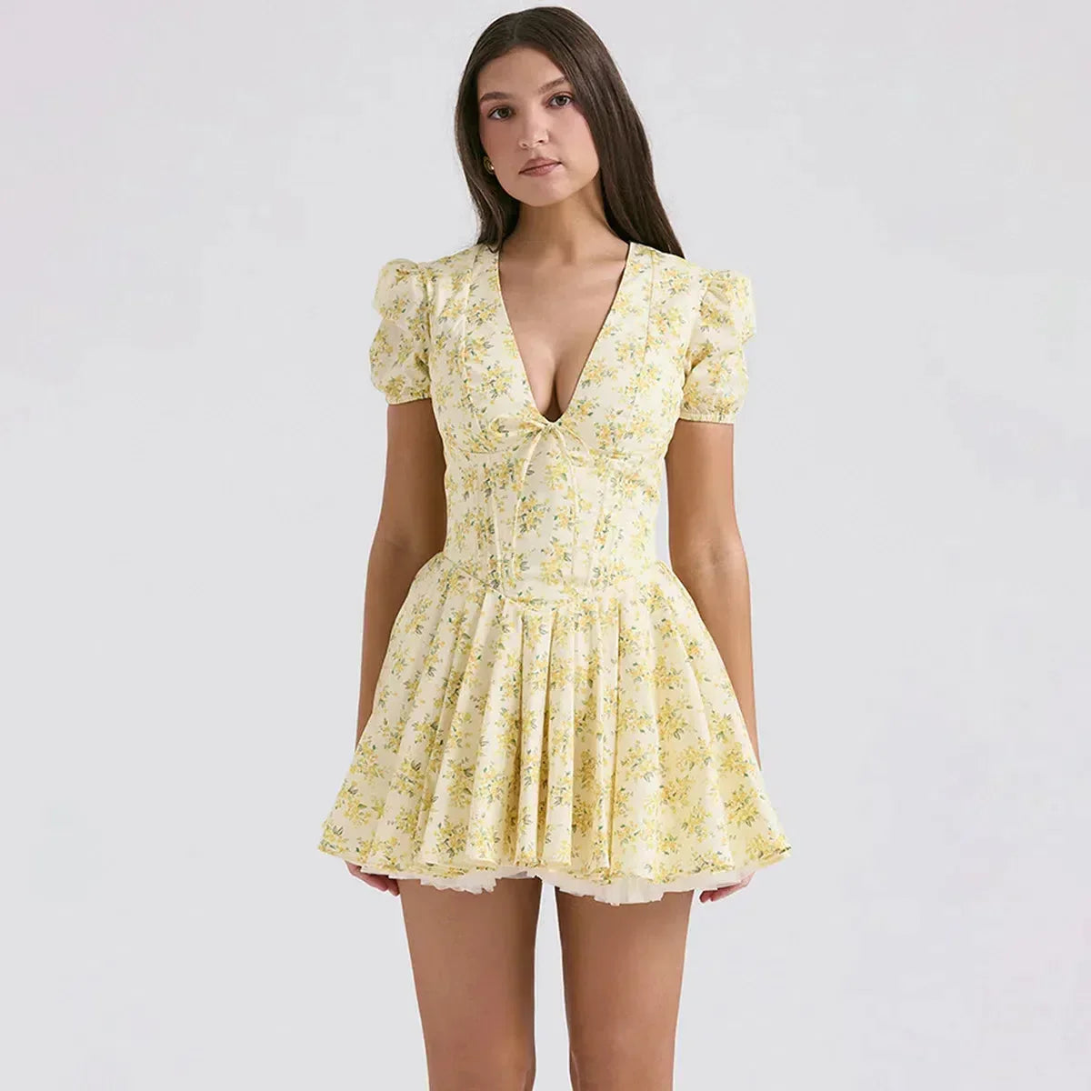 Cottagecore Botanical Plunge Neck Mini Dress