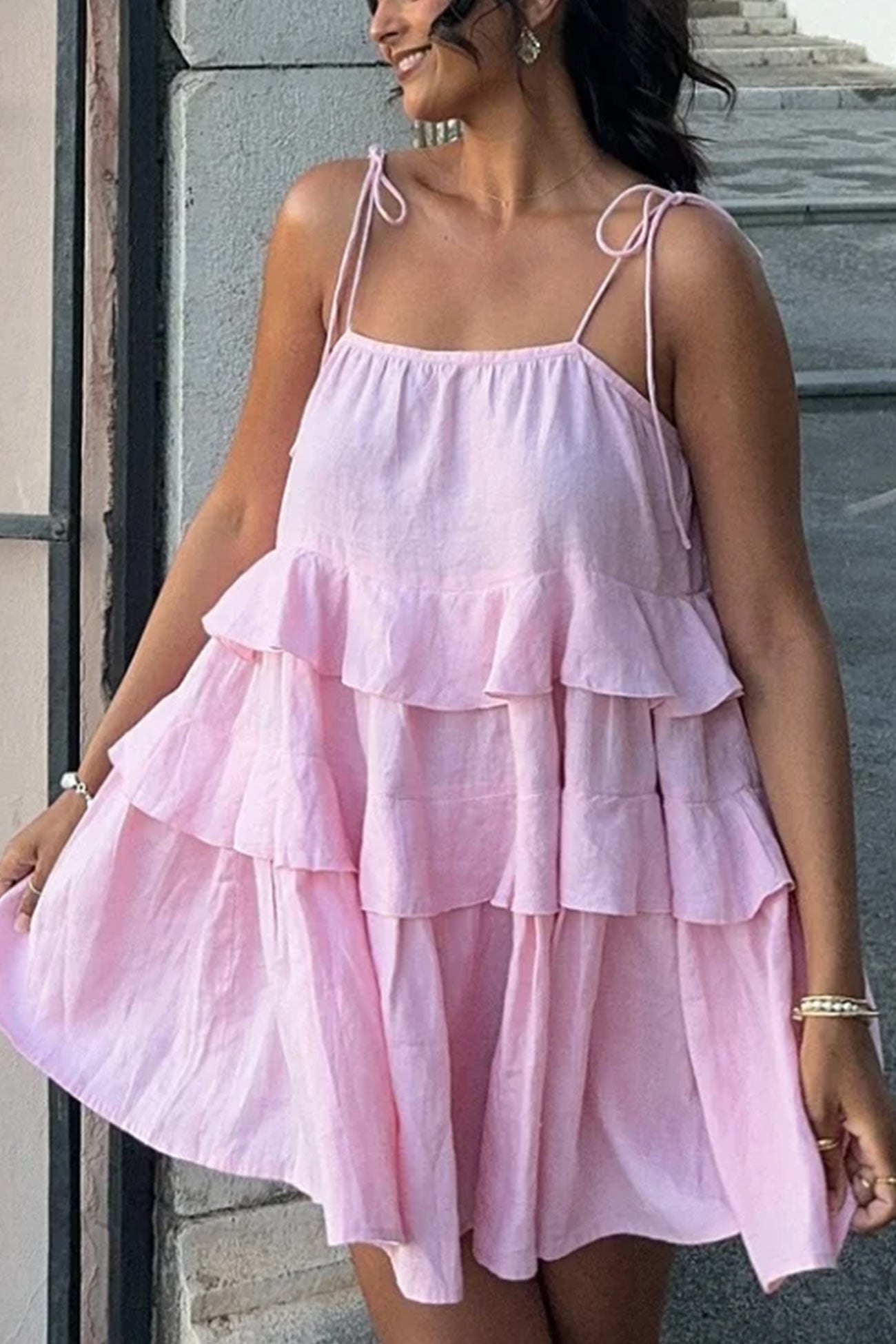 Tie Cotton straps Tiered Cami Babydoll Dress