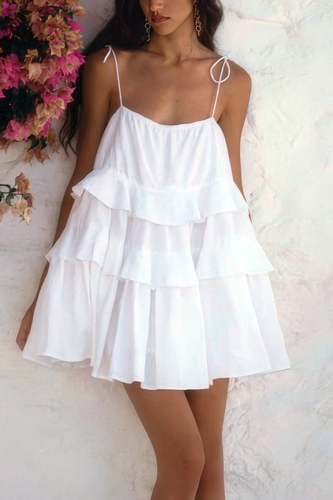 Tie Cotton straps Tiered Cami Babydoll Dress