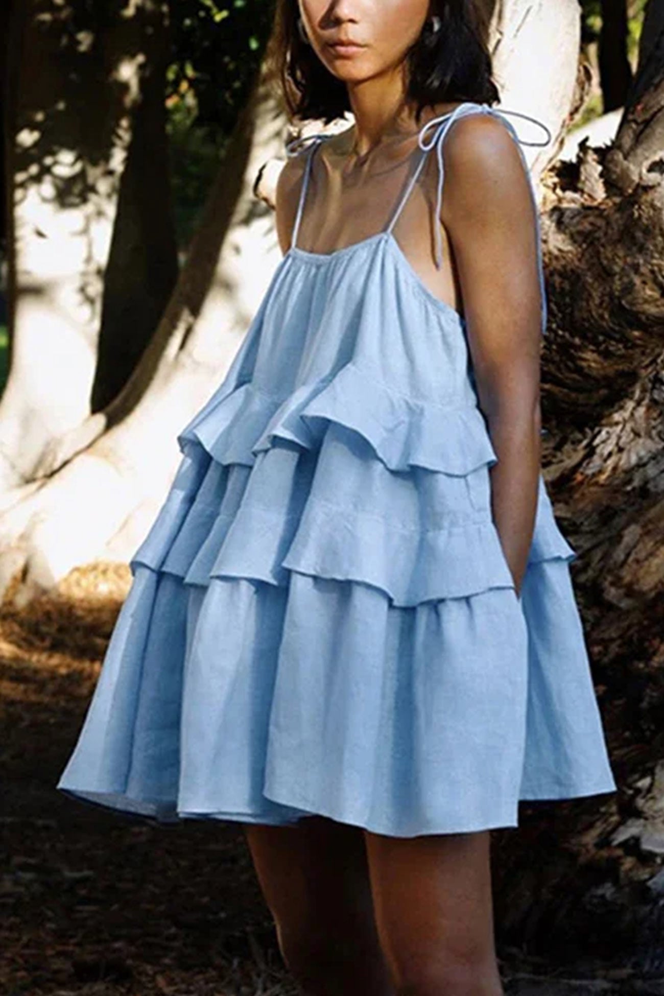 Tie Cotton straps Tiered Cami Babydoll Dress