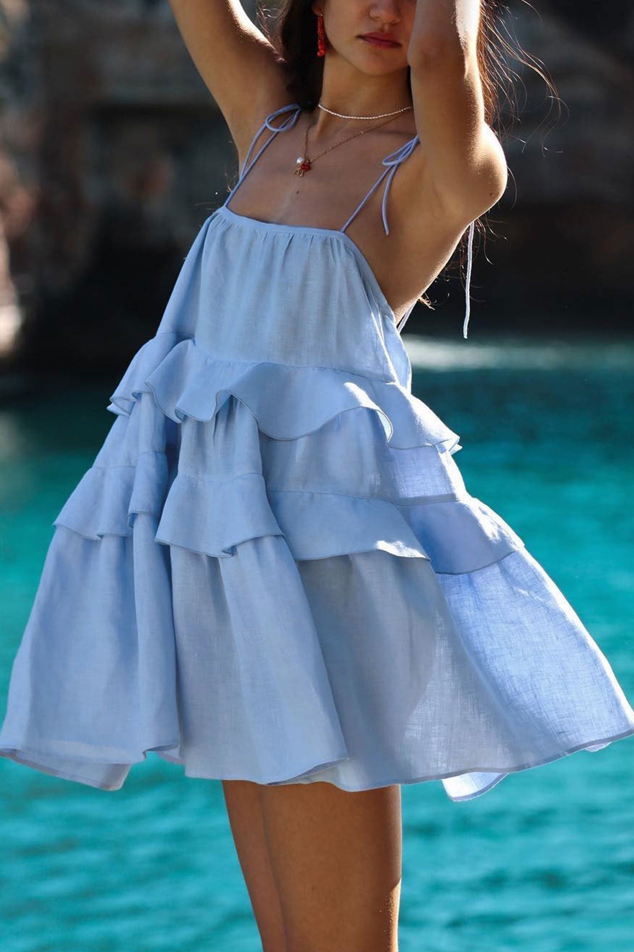 Tie Cotton straps Tiered Cami Babydoll Dress
