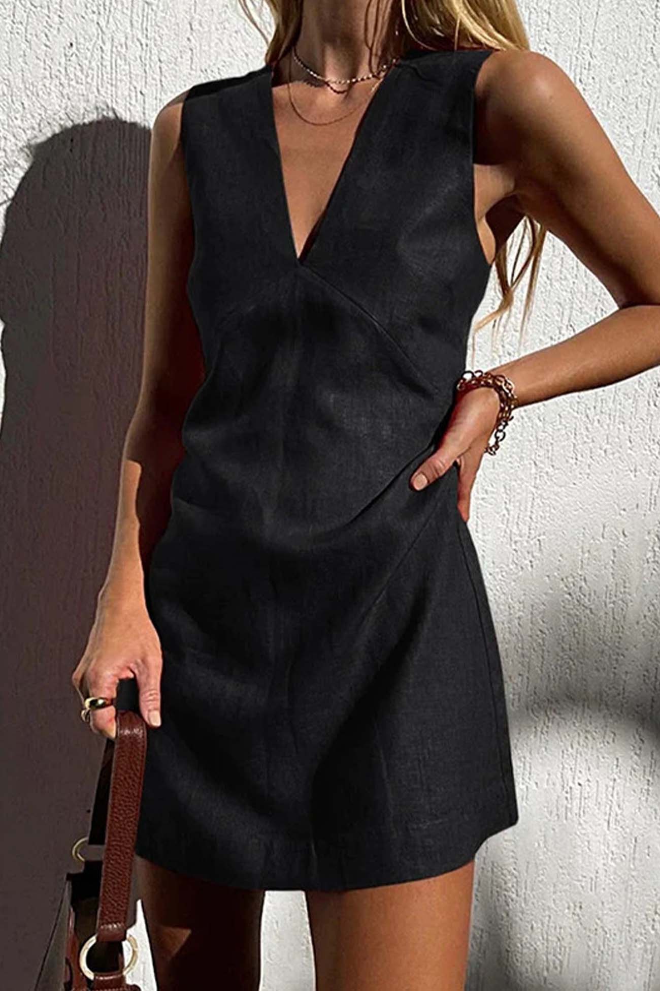 Linen Cotton V Neck Vest Mini Dress