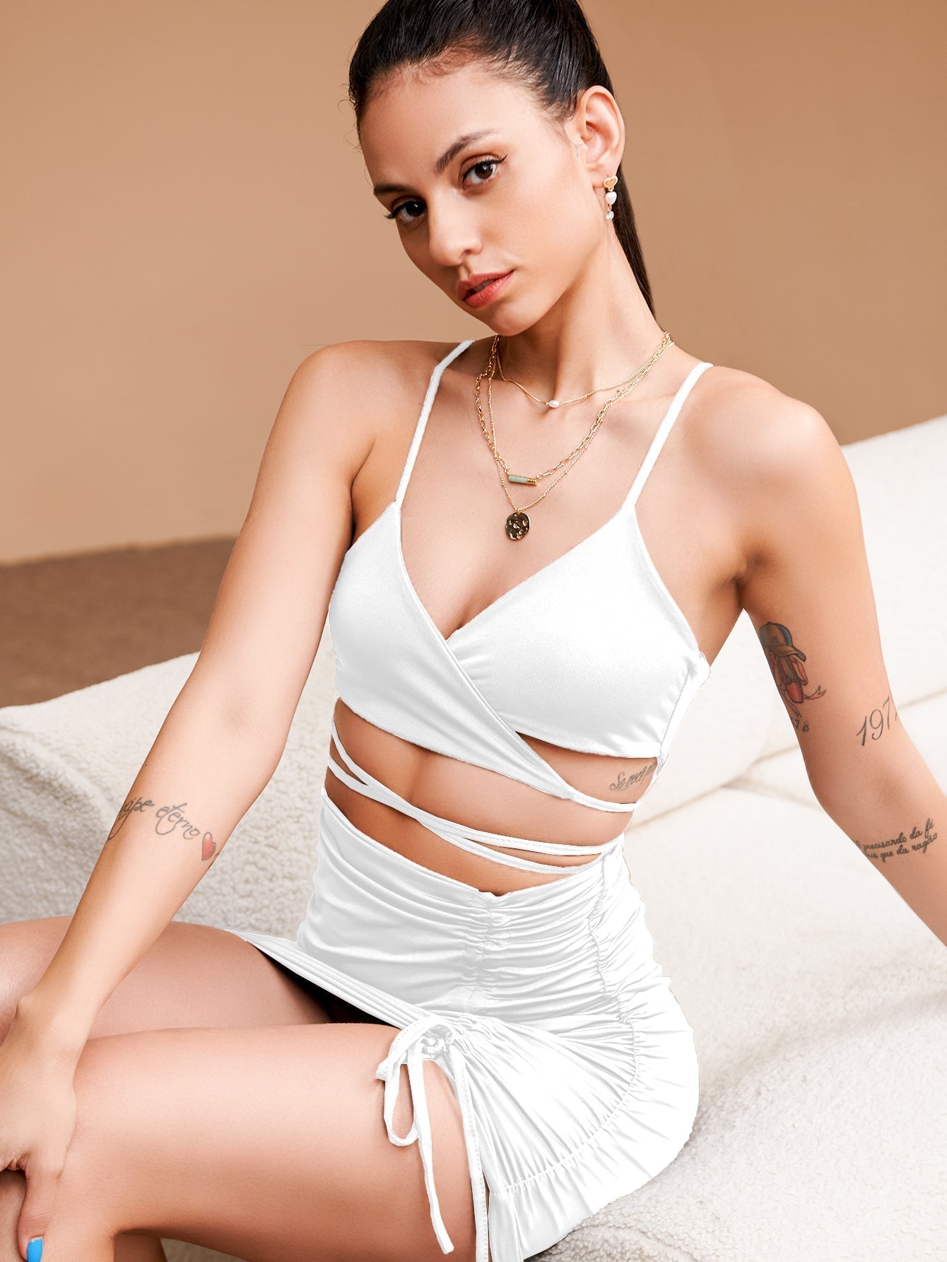 Cross Criss Cut Out Drawstring Side Ruched Cami Bodycon Dress