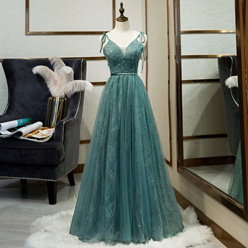 Kissnovaa - Long Straps Spaghetti Tulle Evening Gown Prom Dresses