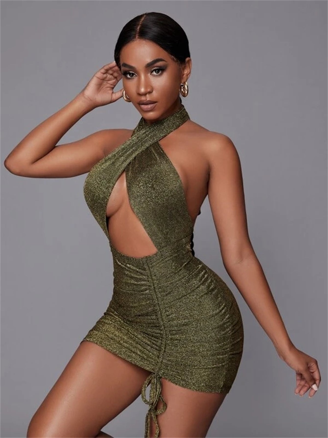 Out Cut Drawstring Side Backless Knot Glitter Bodycon Dress