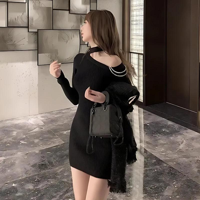 Out Cut Shoulder Rhinestone Mini Dress