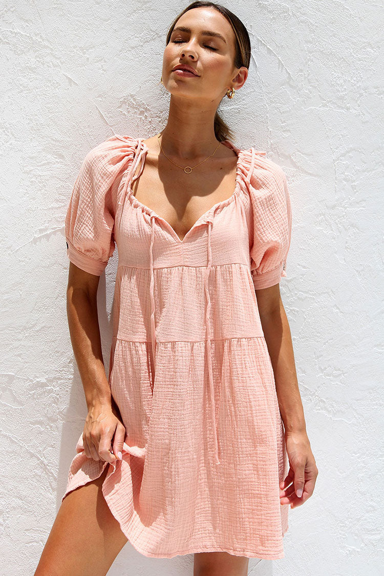 Pretty Tie Neck Puff Sleeve Crinkled Cotton Blend Babydoll Mini Dress - Peach Pink