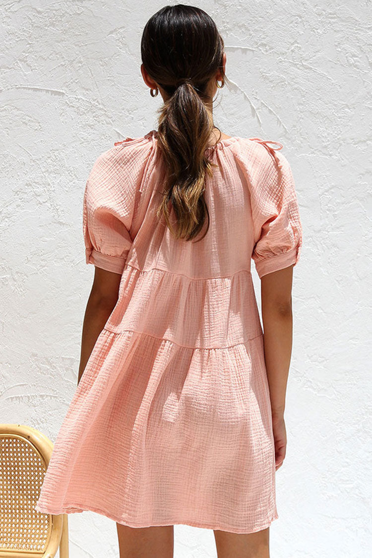 Pretty Tie Neck Puff Sleeve Crinkled Cotton Blend Babydoll Mini Dress - Peach Pink