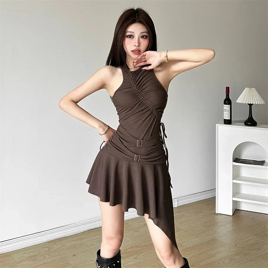Ruched Cyberpunk Asymmetric Mini Dress