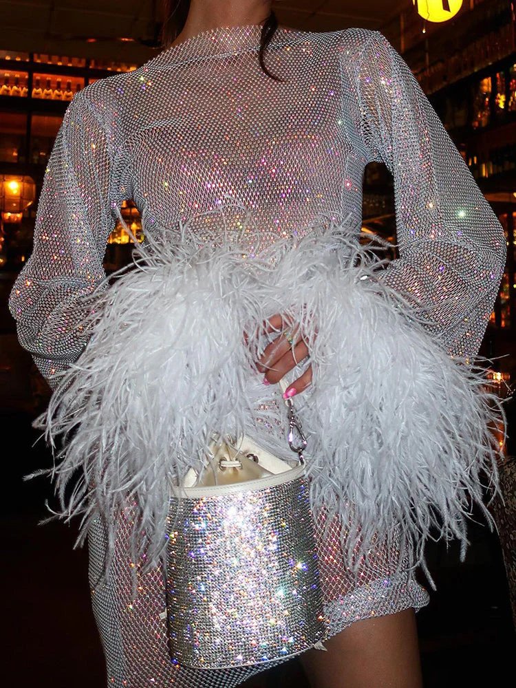 Metallic Brienne Sheer Cuff Feather Mini Dress