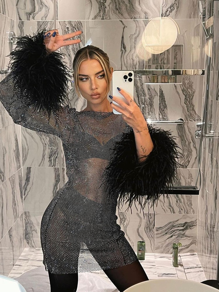 Metallic Mila Sheer Cuff Feather Mini Dress